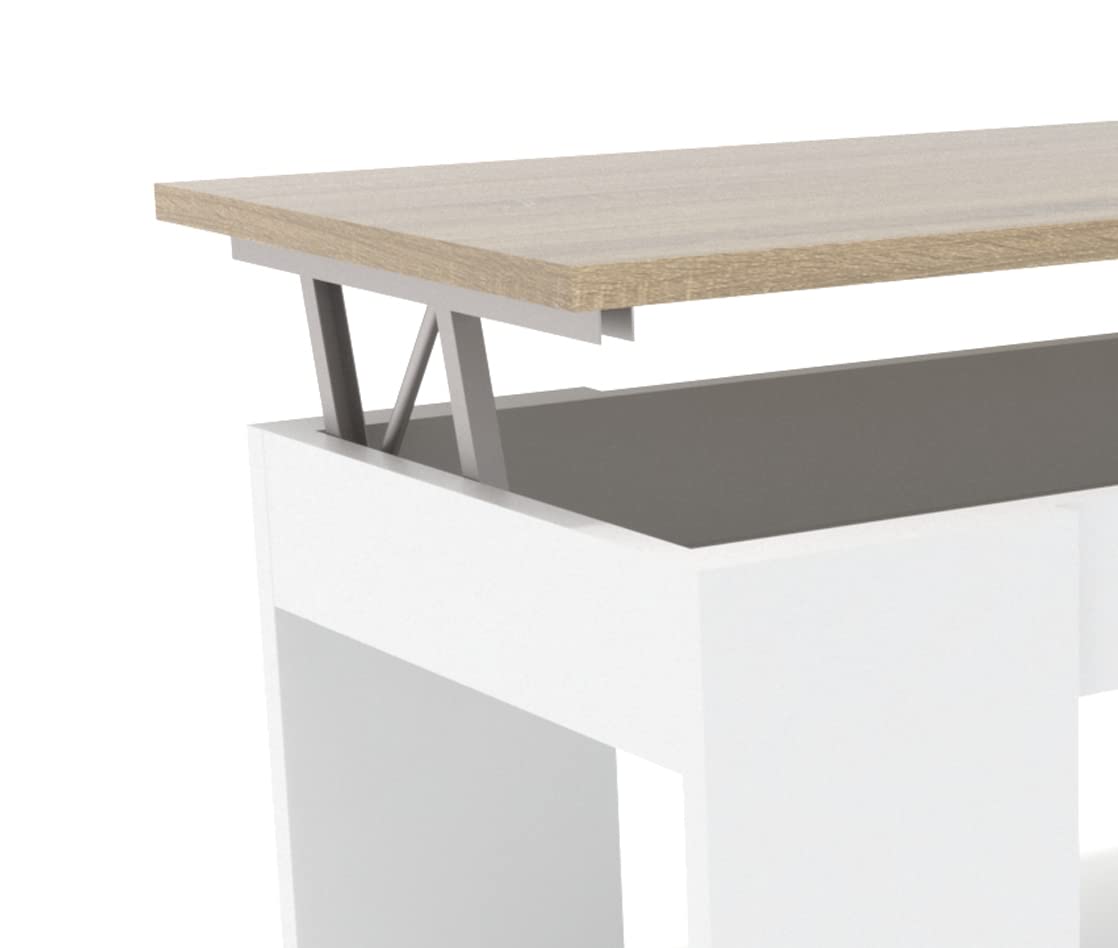 DORMIDAN- Mesa de Centro elevable, Comedor o Auxiliar, Mayor Grosor y Estabilidad (Blanco Tapa Roble)