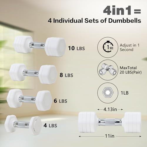 Image of Adjustable Dumbbell Set of 2 Total 20 Lbs 4-in-1 Each 4lb 6lb 8lb 10lb 1s-Adjust Dual-Stable Free Weights for Women Men Home Gym Outdoor Workouts