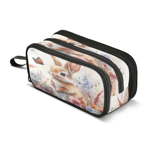 Image of Cute Bunny with Butterfly Flowers Large Capacity Pencil Case Box Boys Girls Big Stationery Pen Bag Organizer Pencil Pouch Zipper Compartments for School Office