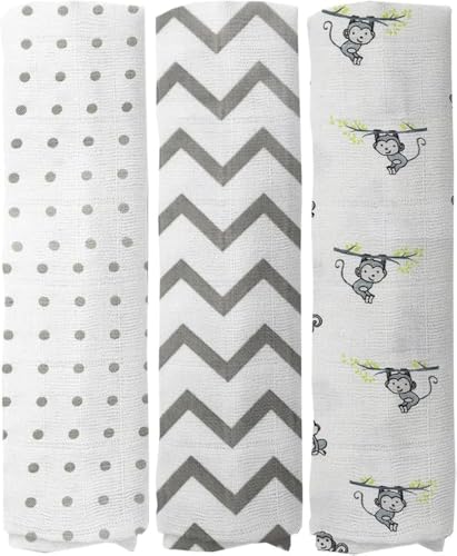 Image of Muslin Baby Swaddle Set, Printed Muslin Swaddle Wrap for New Born Baby Pack of 3 Baby Bath Towel 120 cm X 120 cm - Grey Polka, Zigzag & Monkey