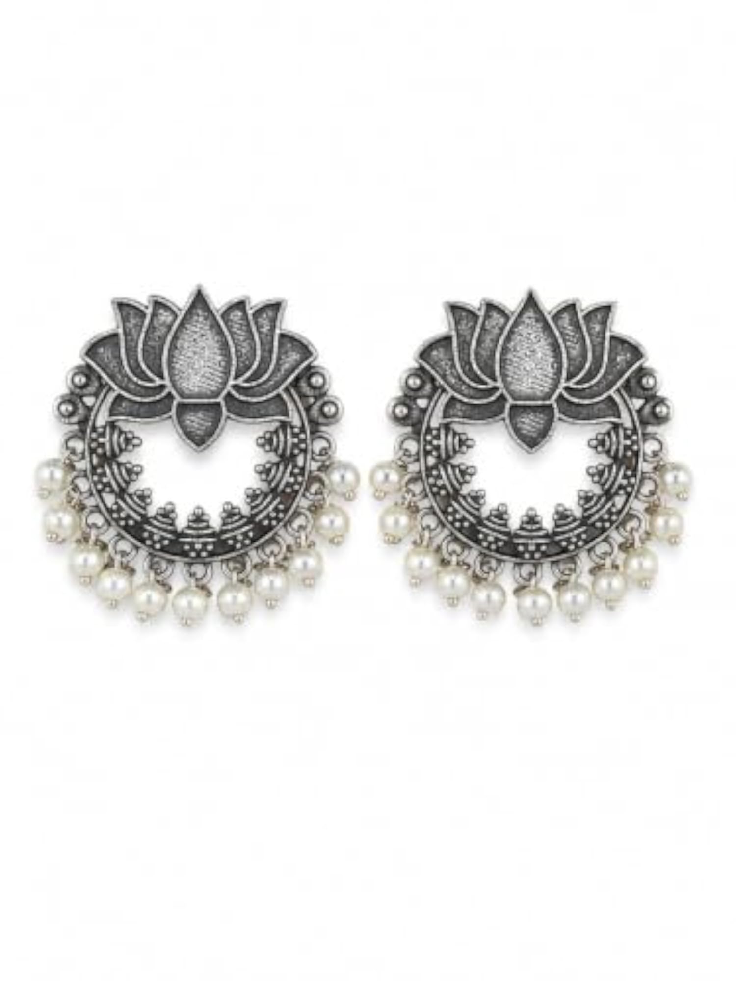 Oxidised Lotus Pearl Stud Earrings