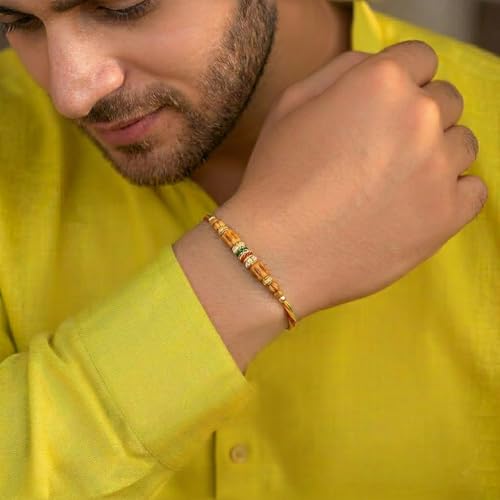 Image of Peora Rakhshabandhan Thread Rakhi for Brother Bhaiya | Kundan Beads & Crystal Studded | Combo Set of 2 | Rakhi Hamper Roli Chawal & Greeting Card