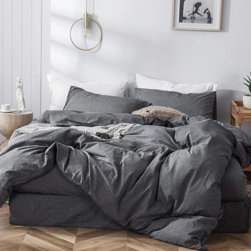 MOOMEE King Size Duvet Cover Set - 100% Washed Cotton Linen-Like Breathable Soft Bedding with Hidden Zipper Closure (Heathered Dark Grey)