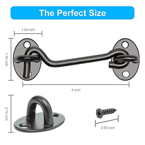 2 Pack Privacy Hook and Eye Latch, Upgrade Heavy Duty Barn Door Lock, 4 inches Solid Thicken Stainless Steel Barn Door Latch with 8PCS Screws, Best for Sliding Door, Bathroom, Window (Black) - Thumbnail 6