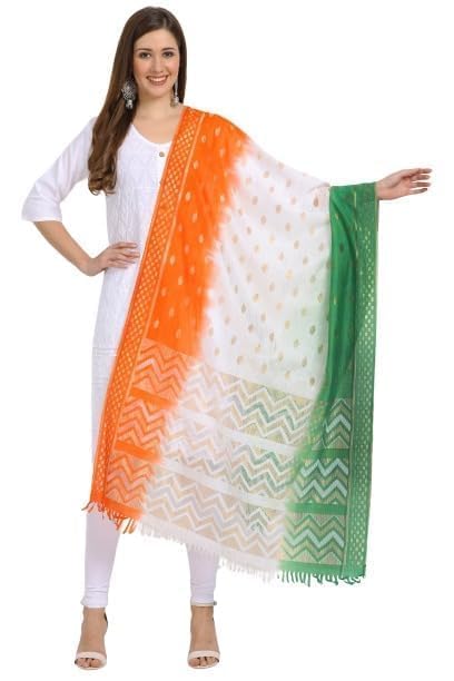 Women's Girls Art Silk Cotton Tricolor Tiranga Dupatta Chunni (2.25 Meter)3