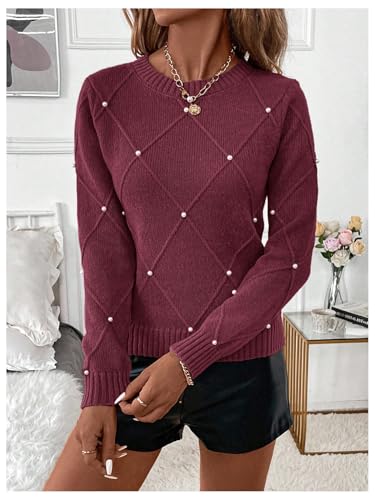 Image of Verdusa Women's Business Casual Outfits Elegant Holiday Sweaters Pearl Long Sleeve Textured Knit Pullover Tops