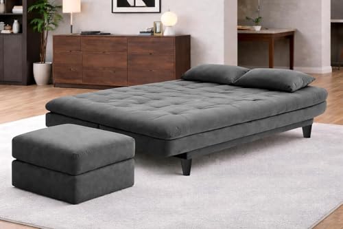 Image of Rosebell Modern Three-Seater Sofa Cum Bed - Foldable Velevt Fabric Sofa, Foam Seating Stylish Design for Living Room, Guest Room & Office - Grey Color