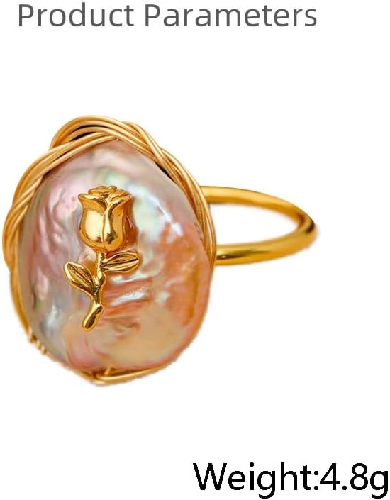 Kokoma Baroque Pearl Ring Vintage Oval Pearl Rose Floral Statement Finger Bands Geometry Disc Circle Adjustable Open Band Rings Jewelry for Women - Image 6