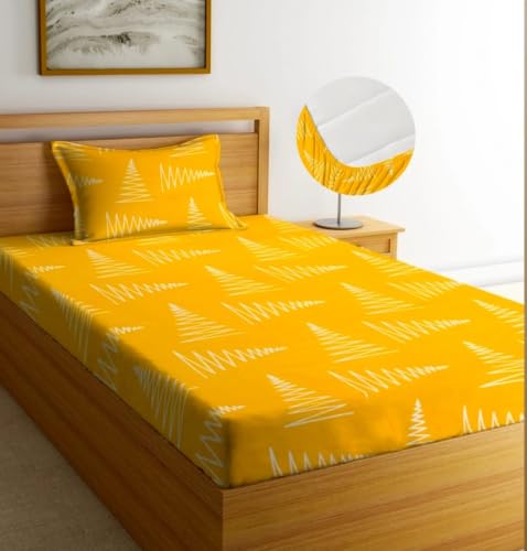 Image of NEW LEAF Premium 100% Cotton Feel Elastic Fitted Single Mattress Bedsheets with 1 Pillow Cover| All Around Elastic 200 TC Supersoft | (Size-78+36+6 inches, Mustard Zigzag