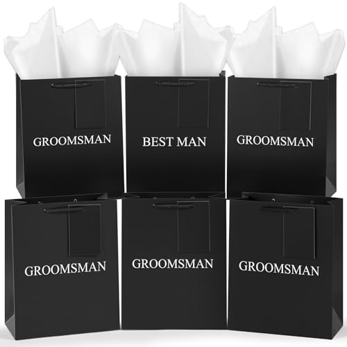 Resholder 6 Pack Groomsmen Gift Bags with Tissue Paper DIY Best Man Proposal Favor Bag with Tag Bachelor Wedding Gifts for Groomsman Best Man Bachelor Party (Medium Black White 1)