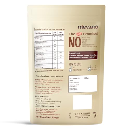 Image of Mevano Hot Chocolate Mix Powder | Refined SUGAR FREE | All Natural, REAL Cocoa without sugar, sweetened with Coconut Jaggery | Choco powder for Milk, Cold & hot shakes | No Preservatives | 800g