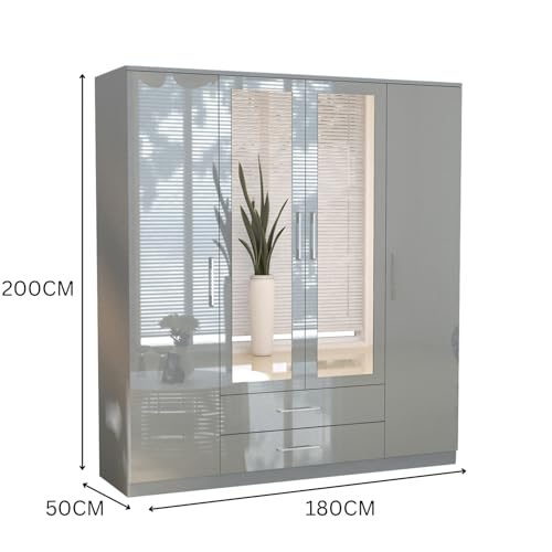 URBAN FURNISHING 4 Door Wardrobe with Drawers, Hanging Rails & Shelves Modern High Gloss Wardrobe for Bedroom (Grey) - Image 3