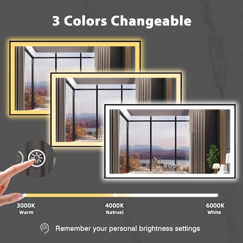 72x40 Large Light up Bathroom Mirror, Wall-Mounted LED Vanity Mirrors, Black Trim and Double Lights, 3 Colors and Stepless Dimming, Anti-Fog, Memory, Shatterproof (Horizontal/Vertical)