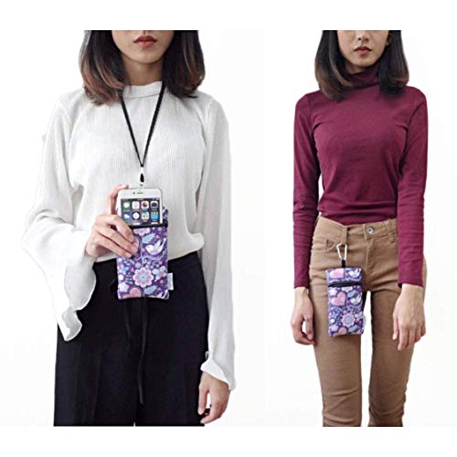 Image of Tainada Neoprene Neck Cell Phone Sleeve Bag Pouch w /Clip (Purple Floral) | Tainada small shockproof water-resistant, lightweight cellphone pocket holder carrier, w / adjustable lanyard and carabiner