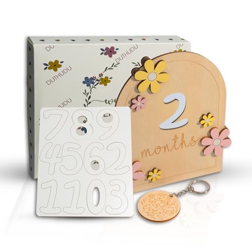Image of Monthly Baby Milestone Signs - Baby Monthly Milestone Wooden Circles for 1-12 Month Photos & Gender Neutral Announcement Cards (Flower)