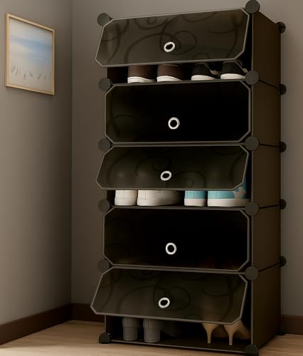 Image of AYSIS Plastic Shoe Rack for Home | 𝟓 𝐒𝐡𝐞𝐥𝐟 DIY Shoe Rack with Door for Home Storage Plastic Box Organizer, Metal Door Frame, Chappal Slipper Sandals Stand (Black, 5-Shelf-5-Door)
