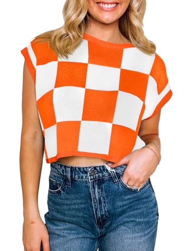 Image of Saodimallsu Womens Cap Sleeve Crop Tops Summer Color Block Going Out Crew Neck Knit Trendy Casual Sweater