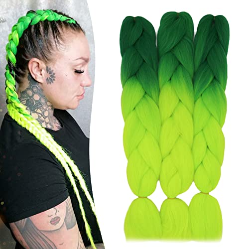 24" Braiding Hair Extension Jumbo Braids Synthetic 3bundles/pack Crochet Hair Afro Box Braid Heat Resistent(Dark Green&Yellow Green)