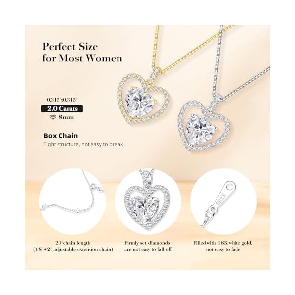 2CT Moissanite Heart Necklace Gifts for Women,S925 Sterling Silver Jewelry for Wife,Anniversary Birthday Present for Wife Women Her,Jewelry Gifts for Girlfriend,Mom,18K Gold/White Gold Filled - Image 4