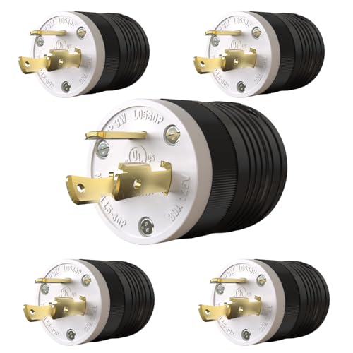 Image of 5 Pack NEMA L5-30P Locking Plug, 30 Amp Generator Replacement Plug 125V 2 Pole 3 Wire Grounding,Twist Lock Adapter Male Plug , Industrial Grade Heavy Duty, UL Listed (E355464)