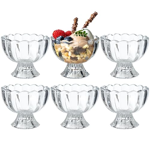 JGKYLDZ 5oz Iced Cream Dessert Bowl Vintage Footed Tulip Glass Dessert Cups Cute Glass ware with Heavy Base Drinking Cup for Sundae Fruit Ice Cream Snack Condiment Holiday Party (6)