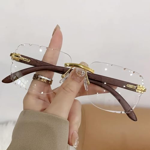 Street Knitted Men's Rimless Woodgrain Vintage Hip Hop Gold Frame Gem Cut Clear Lens Glasses2