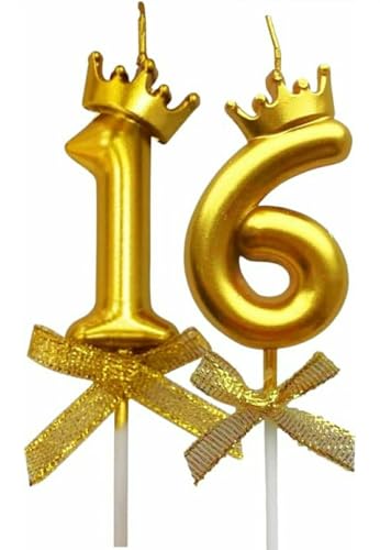 Image of Number 16 or 61 Candle with Crown for Birthday, Wedding, Valentines Day Celebration, Bridal Shower, Bachelorette Cake Topper for Decoration, 1 pc, Gold