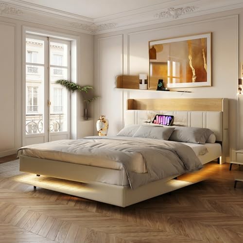 NMCXO Lit 140x190 cm avec LED, lit Double Flottant en Cuir PU Blanc, Cadre de lit Adulte avec Rangement intégré, Ports USB, tête de lit contemporaine Design...