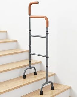 20-Level Adjustable Stair Climbing Assist Cane & Elderly Stair Lift Assist with Anti-Slip Handle & Stabilizing Feet, 300lbs Capacity for Seniors, Standard Steps-Patent Pending (grey)