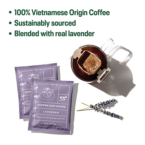 Copper Cow Coffee Premium Vietnamese Coffee: Single-Serve Lavender Pour Over Lattes, Flavored Floral, Specialty, Gourmet, Creamer Singles (8 Lattes, Includes: 8 Lavender Coffees & 8 Milk Creamers) #TOP2