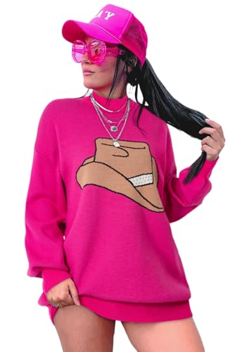 Women's Rose Red Yeehaw Cowboy Hat Drop Shoulder Oversized Sweater