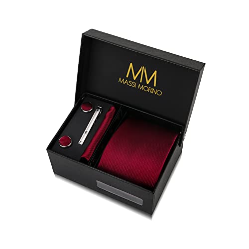 Massi Morino Krawatte Weinrot mit Einstecktuch Set Herren inkl. Manschettenknöpfe, Krawattennadel und Geschenkbox I Männer Krawatten-Set zur Hochzeit Cover