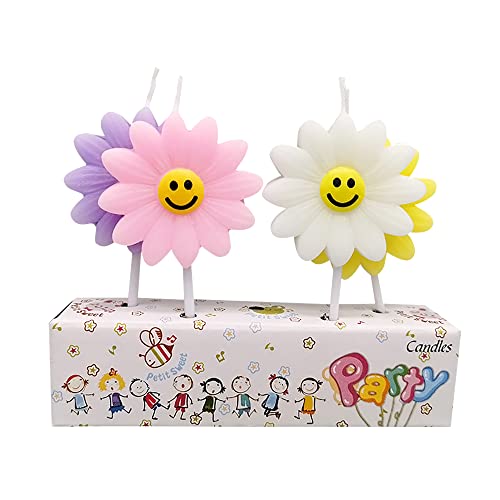 4Pcs/Set Daisy Birthday Candles, Cute Sunflowers Candles with Smiley Faces, Children's Birthday Candles, Birthday Cake Decorations - White, Purple, Pink, Yellow