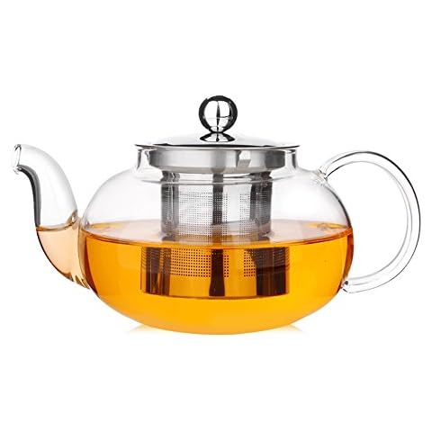 TAMUME 1L Glass Teapot with Stainless Steel Infuser and Cap Large Water Jug with Filter Cover