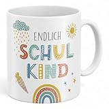 MIJOMA Tasse zum Schulanfang – Geschenkidee für Schulkind & 1. Schultag – Keramiktasse 285ml, spülmaschinenfest, buntes Design, weiß, Einschulung (Endlich Schulkind)