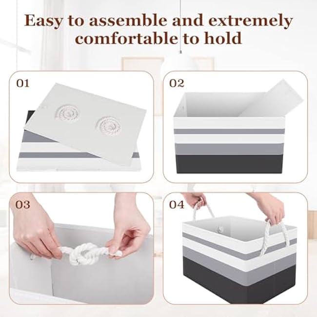 Storage Bin,Collapsible Storage Basket For Organizing,Large Storage Boxes With Rope Handles,Storage Containers,Gradient Grey,3 Pack
