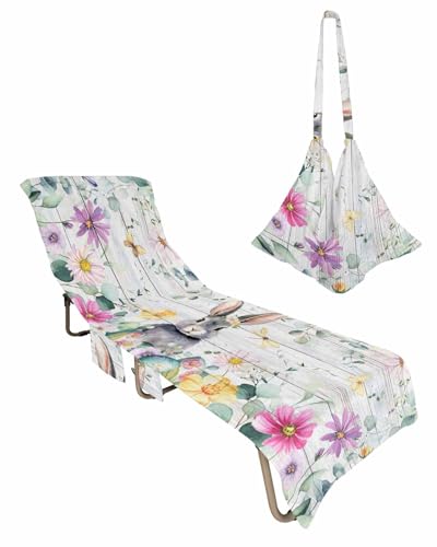 Easter Eggs Bunny Beach Chair Towel Covers for Chaise Lounge With Side Pocket, Soft Plush Pool Towels Cover for Patio Sunbathing Outdoor 29''x85'' Rustic Spring Flower Leaves Herb Wood