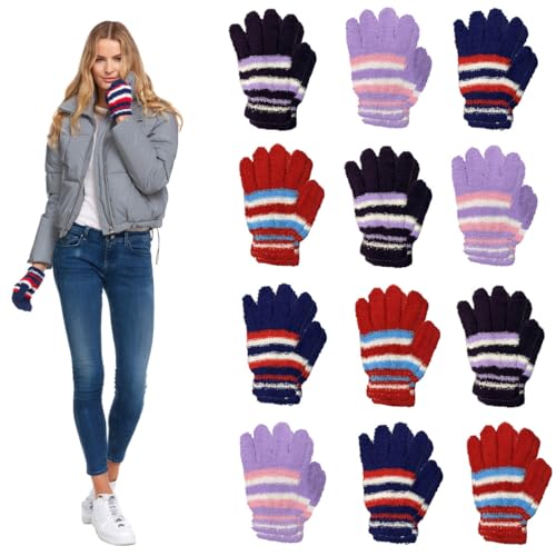 Image of Yacht & Smith 12 Pairs of Winter Gloves Mens Womens and Kids - Thermal Knit Stretchy Fuzzy Bulk Glove Colors
