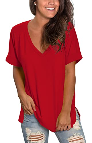 Image of Sampeel Women's V Neck T Shirts Casual Rolled Short Sleeve Side Split Summer Tops Loose Fit
