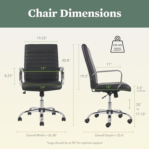Image of HON Sadie Executive Ergonomic Office Chair with Leather Upholstery, Chrome Arms and Back Support, Mid Back Desk and Computer Chair for Home Office or Conference Room, 360 Swivel, Black
