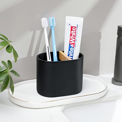 Rejomiik Thick Resin Toothbrush Holders Bamboo Tooth Brushing Holder For Bathroom Countertop, Tooth Brush Storage Organizer Stand For Holds Toiletries And Beauty Accessories, Toothpaste, Razor, Black #TOP4