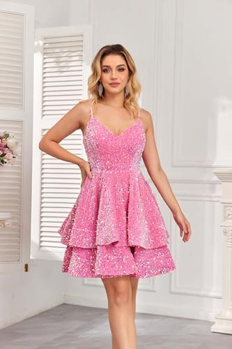Sparkly Sequin Homecoming Dresses for Teens Tiered Short V Neck Prom Dresses 2024 Formal Cocktail Gown4