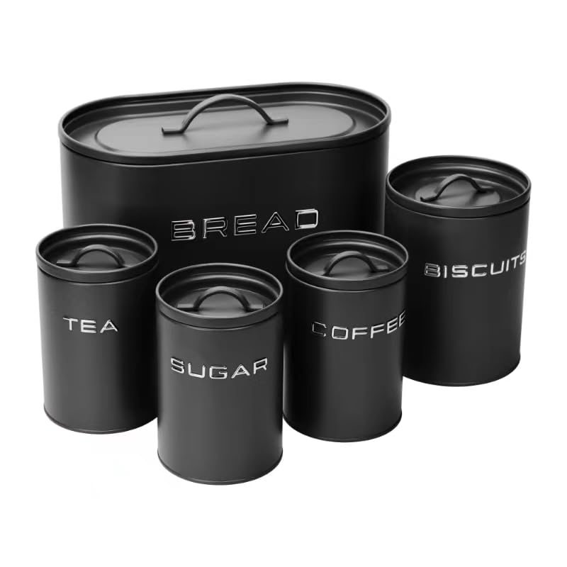 simpa 5PC Stylish Matte Black Metal Kitchen Storage Set Including Oval Bread Bin and Round Biscuit Tin, Tea, Coffee and Sugar Canisters.