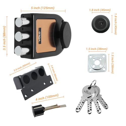Image of VOLO Heavy Duty Tri-Bolt Rim Lock - Secure Dead Lock with Keys for Main Door, Single & Double Doors, Left & Right-Handed Use - Ideal for Home & Office (Pack of 1) (MT-05 (Rosegold Black))
