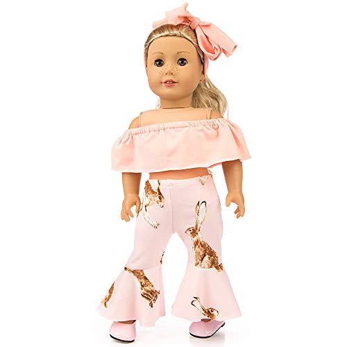 Doll Clothes, YUYOUG 3PC Ensemble de vêtements Tops Courts à Volants + Pantalon Large + Bandeau pour poupées for 18inch American Girl Our Generation Dolls Pajamas Set (Pink)