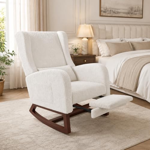 Miniatura 6 de Mioosut Silla Mecedora Con Reposapiés, Silla De Columpio, Silla De Relax Con Columpio Y Cojín Lumbar, Con Bolsillo Lateral Y Apoyabrazos, Silla Mecedora Para Dormitorio Sherpa, Blanco Sucio