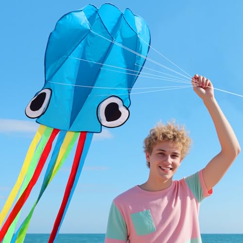 Xida Octopus Kites for Adults & Kids, Beach Kite with Long Flowing Tail, Easy to Fly Beginner Kite Set Includes Durable Line and Handle,Suitable for Kids Ages 4-8, 8-12 - Thumbnail 5