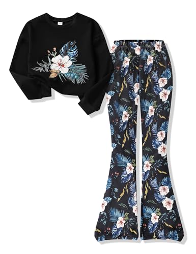 Image of Girls 2 Piece Outfits Long Sleeve Butterfly Sweatshirt & Flared Pants Fall Clothing Set Size 7-12 Years