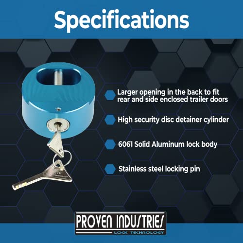 Image of Proven Industries Puck Lock Set, Model 400XL, 3-Pack, Hidden Shackle, Keyed Alike, 6061 Solid Aluminum, Shackle Opening 1 3 /4 x 1 3 /4 x 7 /8 in, Depth 1 1 /4 in, Made in USA, Blue