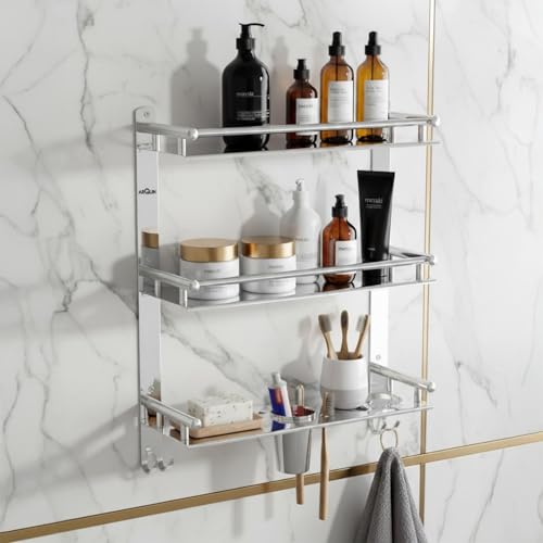 Image of ARQUIN Bathroom 3 Layer Shelf | Bathroom Accessories Set | Bathroom Storage Organiser Multipurpose Stainless Steel 3 Tier Shelf with Double Soap Dish & Toothbrush Tumbler Holder
